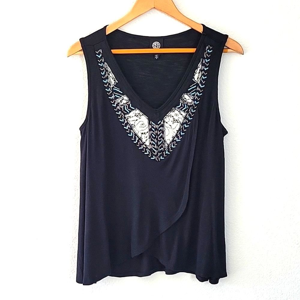 BOBEAU Black Embellished Beaded Lace Faux Wrap Tank Top size M